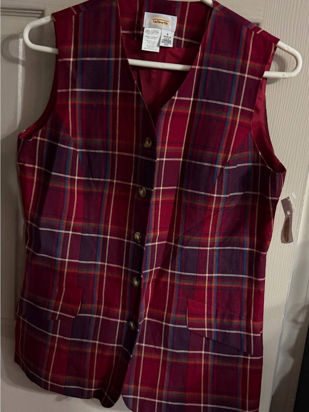 Talbots Burgundy Plaid Button-Front Vest